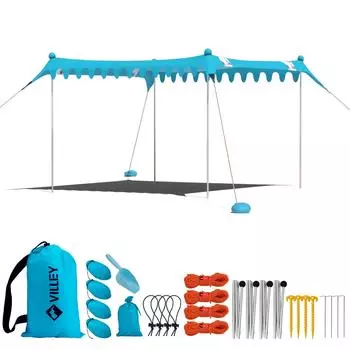 VILLEY Tarp Beach Tarp Beach Sunshade Beach Tent для 4-6 человек. Палатка с 4 стойками. Защита от ультрафиолета. Защита от ультрафиолета. Затенение. Вентиляция. Солнцезащитный козырек.