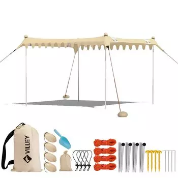 VILLEY Tarp Beach Tarp Beach Sunshade Beach Tent для 4-6 человек. Палатка с 4 стойками. Защита от ультрафиолета. Защита от ультрафиолета. Вентиляция. Козырек от солнца.