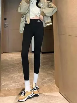 Vinateg Plus бархатные подбитые брюки-акула женская одежда осень-зима с высокой талией бесшовные модные лоскутные брюки-барби из овечьей шерсти M чёрный