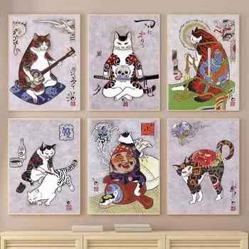 Vinatge забавные японские тату-постеры с котами и принты, холст, картина Ukiyo e Playing Cats, настенное искусство для гостиной, домашний декор 21x30cm No Frame