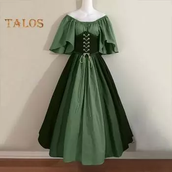 Vinatge женское платье с развевающимися рукавами контрастного цвета трапециевидной формы с большим подолом и тонкой талией, плиссированные на шнуровке, средневековый костюм для Хэллоуина, косплей, костюм для вечеринки S хаки