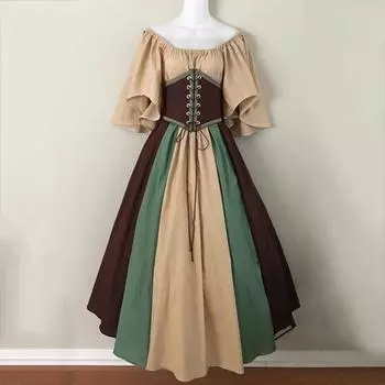 Vinatge женское платье с развевающимися рукавами контрастного цвета трапециевидной формы с большим подолом и тонкой талией, плиссированные на шнуровке, средневековый костюм для Хэллоуина, косплей, костюм для вечеринки S темно-коричневого