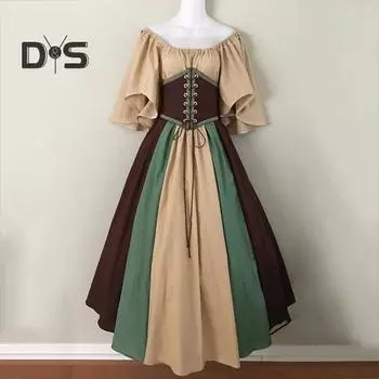 Vinatge женское платье с развевающимися рукавами контрастного цвета трапециевидной формы с большим подолом и тонкой талией, плиссированные на шнуровке, средневековый костюм для Хэллоуина, косплей, костюм для вечеринки S хаки