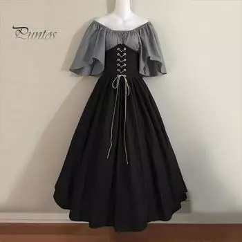 Vinatge женское платье с развевающимися рукавами контрастного цвета трапециевидной формы с большим подолом и тонкой талией, плиссированные на шнуровке, средневековый костюм для Хэллоуина, косплей, костюм для вечеринки S темно-коричневого