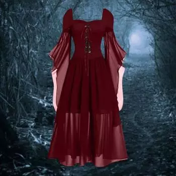 Vinatge женское платье с рукавами, однотонный подол, тонкий цвет, трапециевидной формы, большая неровная талия, плиссированная шнуровка, средневековый ремень M вино красного