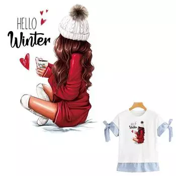 Виниловые толстовки с термопрессом Hello Winter, тканевые нашивки, топы, моющаяся аппликация уровня «сделай сам», красивые переводные картинки для девочек 5.1x8 cm