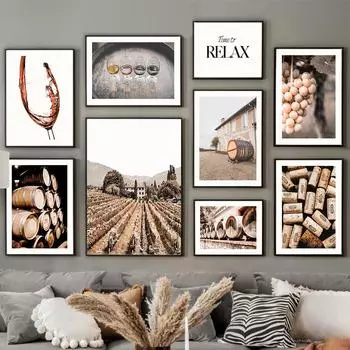 Винная культура Виноградное поместье Дубовые бочки Настенные художественные принты Клубный декор Плакаты Холст Картина Настенная картина Classromm Украшение бара A4 21X30cm No Framed