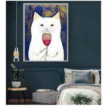 Вино в скандинавском стиле, милый простой мультяшный холст, постер без рамы, настенная живопись, модное украшение для дома, ALMUDENA, белые кошки, вкус красного 21cm30cm NoFrame