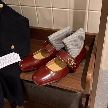 Виноградная мать осень французский ретро квадратная голова слово с липучкой Мэри Джейн мелкое горлышко плоская подошва туфли женские 35