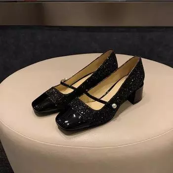 Виноградная мать осень новые сверкающие блестки банкетный маленький ароматный стиль квадратная голова слово с толстым каблуком Мэри Джейн одинарные туфли женские 34