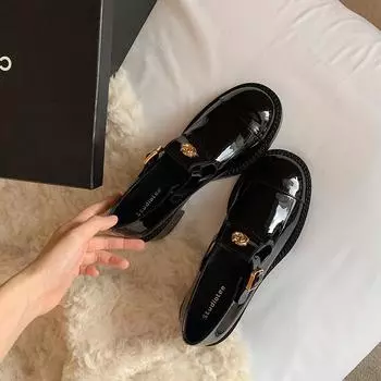 Виноградная мать Studiolee Темперамент Камелия Круглая головка Пряжка С Толстым каблуком Толстая подошва Увеличивающая Туфли Мэри Джейн Кожаные Женские 35 чёрный