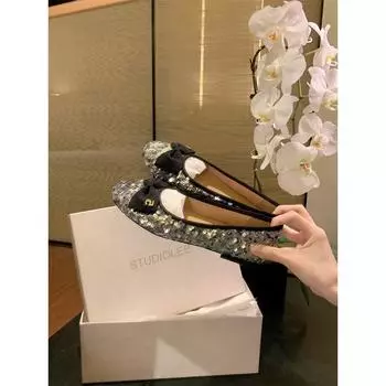 Виноградная мать studiolee универсальный изысканный бант маленькая круглая головка легкий рот плоский каблук ленивый маленький ароматный стиль одиночные туфли женские 35 серебряный