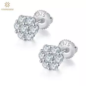 Vinregem 0.84CT D Цвет Бриллианты Хип-Хоп Рок Стерлинговое Серебро 925 Пробы 3EX VVS1 Настоящий Муассанит Сверкающий Цветок Серьги-гвоздики Свадебные Украшения Подарки