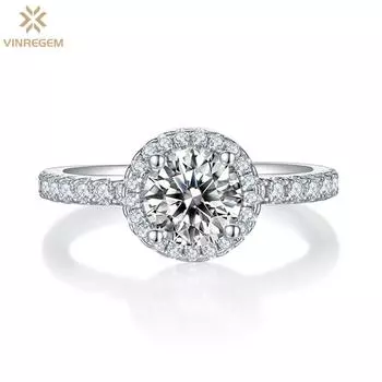 Vinregem 100% 925 Sterling Silver 3EX VVS1 D Color Round Cut 1CT 6.5 MM Real Moissanite Diamonds Ring for Women Jewelry Wedding Engagement Gifts