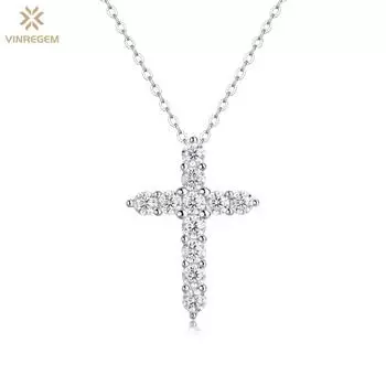 Vinregem, 100% серебро 925 пробы, VVS1 3EX D, цвет, круглая огранка, 3 мм, настоящий муассанит, бриллиант, драгоценный камень, сверкающий крест, кулон, ожерелье, ювелирные изделия GRA 45cm белый