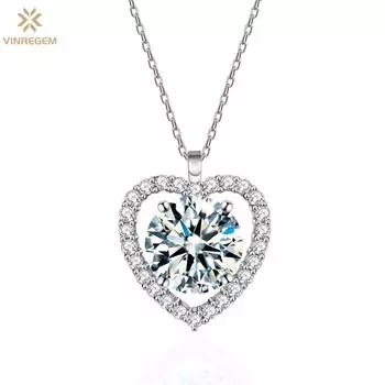 Vinregem, 100% серебро 925 пробы, VVS1 3EX D, цвет 1 карат, 6,5 мм, круглая огранка, настоящий муассанит, бриллиант, драгоценный камень, подвеска в виде сердца любви, ожерелье, ювелирные изделия GRA 45cm серебряный