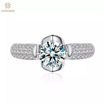 Vinregem, 100% стерлинговое серебро 925 пробы, 3EX VVS1 D, цвет круглой огранки, 6,5 мм, 1 карат, настоящее кольцо с муассанитом и бриллиантами для женщин, помолвка, ювелирные изделия, подарки US 6 белый