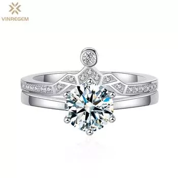 Vinregem, 100% стерлинговое серебро 925 пробы, 3EX VVS1 D, цвет круглой огранки, 6,5 мм, 1 карат, набор колец с настоящим муассанитом и бриллиантами, 2 шт., ювелирные изделия на свадьбу, помолвку, подарки US 6 белый