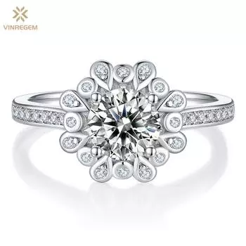 Vinregem, 100% стерлинговое серебро 925 пробы, 3EX VVS1 D, цвет 1 карат, круглая огранка, 6,5 мм, настоящие муассанитовые бриллианты, кольцо с прекрасным цветком для женщин, ювелирные изделия, подарки на помолвку