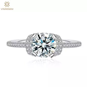 Vinregem, 100% стерлинговое серебро 925 пробы, 3EX VVS1 D, цвет круглой огранки, 6,5 мм, 1 карат, настоящее кольцо с муассанитом и бриллиантами для женщин, свадебная вечеринка, ювелирные изделия, подарки US 6 белый