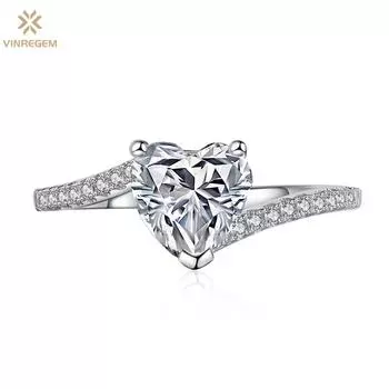 Vinregem, 100% стерлинговое серебро 925 пробы, 3EX VVS1 D, цвет огранки сердца, 7 мм, 1 карат, настоящее кольцо с муассанитом и бриллиантами для женщин, помолвка, ювелирные изделия, подарки US 6 белый