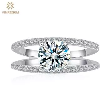 Vinregem, 100% стерлинговое серебро 925 пробы, 3EX VVS1 D, цвет круглой огранки, 7 мм, 1,25 карата, настоящий муассанит с бриллиантами, женское кольцо, свадебное обручальное ювелирное изделие, подарки US 5 белый
