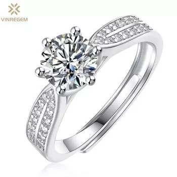 Vinregem, 100% стерлинговое серебро 925 пробы, пройденный тест, бриллиант VVS1, 1 карат, настоящий муассанит, цветной драгоценный камень D, регулируемое кольцо для женщин, ювелирные изделия