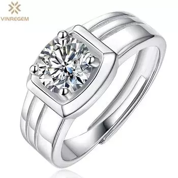 Vinregem, 100% стерлинговое серебро 925 пробы, пройденный тест, бриллиант VVS1, 1 карат, настоящий муассанит, цвет D, драгоценный камень, регулируемое мужское кольцо, свадебное обручальное ювелирное изделие