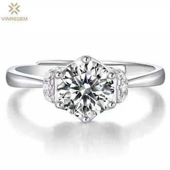 Vinregem, 100% стерлинговое серебро 925 пробы, пройденный тест, бриллиант VVS1, 1 карат, настоящий муассанит, драгоценный камень цвета D, регулируемое кольцо для женщин, обручальное ювелирное изделие
