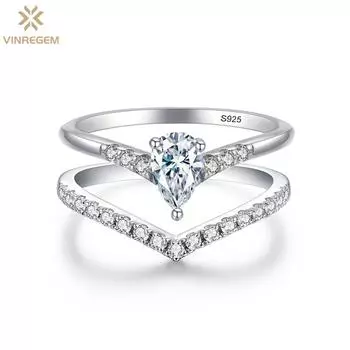 Vinregem, 100% стерлинговое серебро 925 пробы, сверкающее грушевидное кольцо, 4*6 мм, 0,5 карата, 3EX VVS1, цвет D, настоящее кольцо с муассанитом и бриллиантами, 2 шт., свадебные и помолвочные украшения US 6 белый