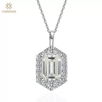 Vinregem 100% стерлинговое серебро 925 пробы VVS1 3EX D Цвет 3CT 7*9 мм изумрудной огранки настоящий муассанит с бриллиантом и драгоценным камнем кулон ожерелье ювелирные изделия GRA 45cm серебряный