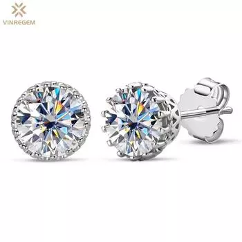 Vinregem 1 карат с бриллиантами круглой огранки D, 100% стерлинговое серебро 925 пробы, 3EX VVS1, серьги-гвоздики с настоящим муассанитом, свадебные и помолвочные ювелирные украшения для женщин