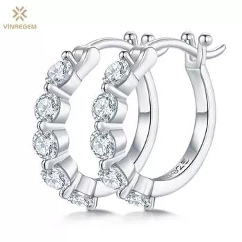 Vinregem 1CT D Цвет Полные бриллианты Стерлинговое серебро 925 пробы 3EX VVS1 Круглая огранка Настоящий муассанит Сверкающие тонкие серьги-кольца для женщин Ювелирные изделия для свадебной вечеринки