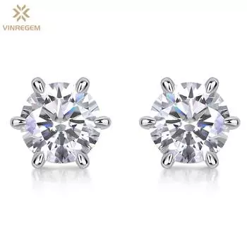 Vinregem 1CT Круглая огранка 6,5 мм D Цвет Бриллианты Классические 100% Стерлинговое Серебро 925 Пробы 3EX VVS1 Настоящий Муассанит Серьги-пусеты Изысканные Ювелирные Изделия Для Женщин