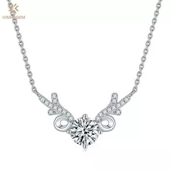 Vinregem 3EX VVS1 D Цвет круглой огранки 1 карат 6,5 мм из настоящего муассанита с бриллиантом Элегантное ожерелье с подвеской в виде рога для женщин Стерлинговое серебро 925 пробы ювелирные изделия