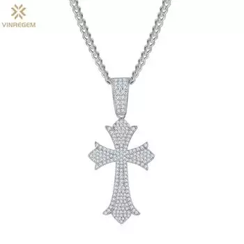Vinregem 3EX VVS1 D Цвет Настоящий Муассанит Алмаз Драгоценный Камень Крест Кулон Ожерелье Хип-Хоп Рок Стерлинговое Серебро 925 Изысканные Ювелирные Изделия Подарок