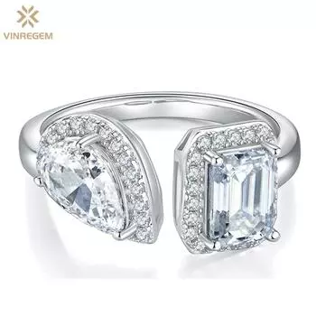 Vinregem 3EX VVS1 D Цвет Стерлингового Серебра 925 пробы грушевидной огранки 5*8 мм Изумрудной огранки 5*7 мм 1 карат Настоящий муассанит с бриллиантами, прошедшими проверку, открытое кольцо ювелирных изделий