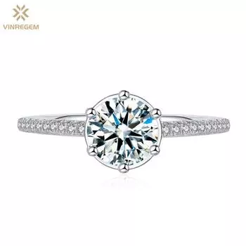 Vinregem Classic, 100% серебро 925 пробы, 3EX VVS1 D, цвет круглой огранки, 6,5 мм, 1 карат, настоящее кольцо с муассанитом и бриллиантами, свадебное обручальное ювелирное изделие, подарки US 5 белый