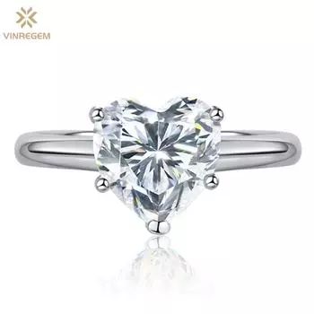 Vinregem Classic, 100% стерлинговое серебро 925 пробы, сверкающее сердце огранки, 8*8 мм, 2CT 3EX VVS1, цвет D, настоящее кольцо с муассанитом и бриллиантами, свадебные украшения для помолвки US 6 белый