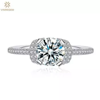 Vinregem Classic Elegant, 100% стерлинговое серебро 925 пробы, круглая огранка, 6,5 мм, 1CT 3EX VVS1, цвет D, настоящий муассанит с бриллиантами, женское кольцо, свадебное обручальное ювелирное изделие US 5 белый
