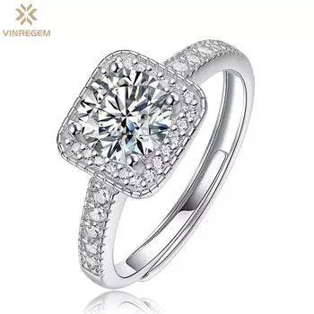Vinregem Classic Solid из стерлингового серебра 925 пробы с бриллиантом VVS1 1 CT, настоящий муассанит, цветной драгоценный камень D, регулируемое кольцо, обручальные украшения для женщин
