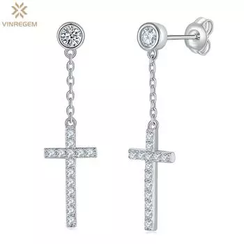 Vinregem D Diamonds 100% 925 пробы из стерлингового серебра 3EX VVS1 Настоящий муассанит Драгоценный камень Крест Подвесные Серьги Свадебная Помолвка Ювелирные изделия