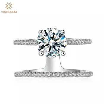 Vinregem Elegant, 100% стерлинговое серебро 925 пробы, 3EX VVS1 D, цвет круглой огранки, 7 мм, 1,25 карата, настоящее кольцо с муассанитом и бриллиантами, свадебное обручальное ювелирное изделие, подарки US 6 белый