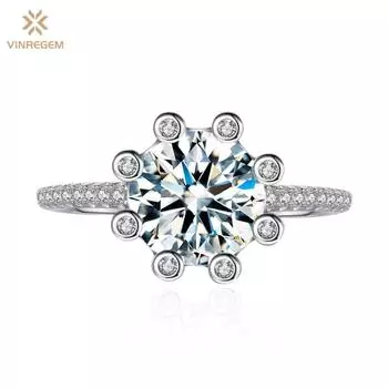 Vinregem Elegant, 100% стерлинговое серебро 925 пробы, круглая огранка, 8 мм, 2CT, 3EX VVS1, цвет D, настоящее кольцо с муассанитом и бриллиантами, 2 шт., свадебные обручальные украшения US 6 белый