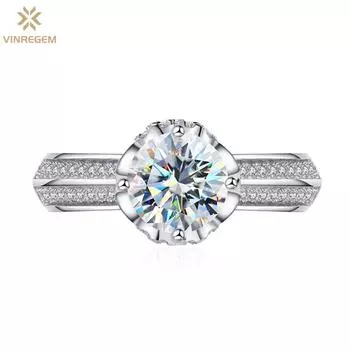 Vinregem Elegant, 100% стерлинговое серебро 925 пробы, 3EX VVS1 D, цвет круглой огранки, 6,5 мм, 1 карат, настоящее кольцо с муассанитом и бриллиантами, свадебное обручальное ювелирное изделие, подарки US 6 белый