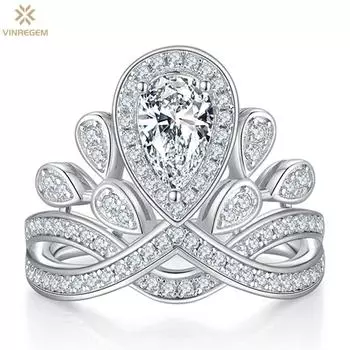 Vinregem Luxury 100% стерлинговое серебро 925 пробы VVS1 1CT груша D настоящий муассанит бриллиант свадебное обручальное ювелирное изделие кольцо с короной подарок на годовщину