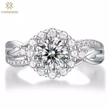 Vinregem Романтическое стерлинговое серебро 925 пробы с бриллиантом VVS1 1 карат, настоящий муассанит, драгоценный камень цвета D, регулируемое кольцо, свадебное обручальное ювелирное изделие