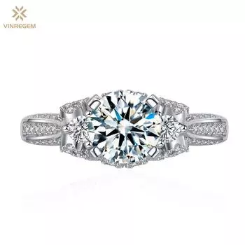 Vinregem Роскошное кольцо из 100% стерлингового серебра 925 пробы 3EX VVS1 D Цвет круглой огранки 6,5 мм 1 карат с настоящим муассанитом и бриллиантами Кольцо на свадьбу, помолвку, ювелирные украшения, подарки US 6 белый
