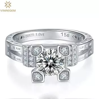 Vinregem Роскошное серебро 925 пробы, прошедшее испытание, с бриллиантом VVS1, круглый 1 карат, настоящий муассанит, цвет D, драгоценный камень, свадебное обручальное кольцо, ювелирные изделия