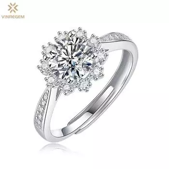 Vinregem Роскошное твердое серебро 925 пробы с бриллиантом VVS1 1 карат, настоящий муассанит цвета D, регулируемое кольцо, обручальное ювелирное украшение на свадьбу